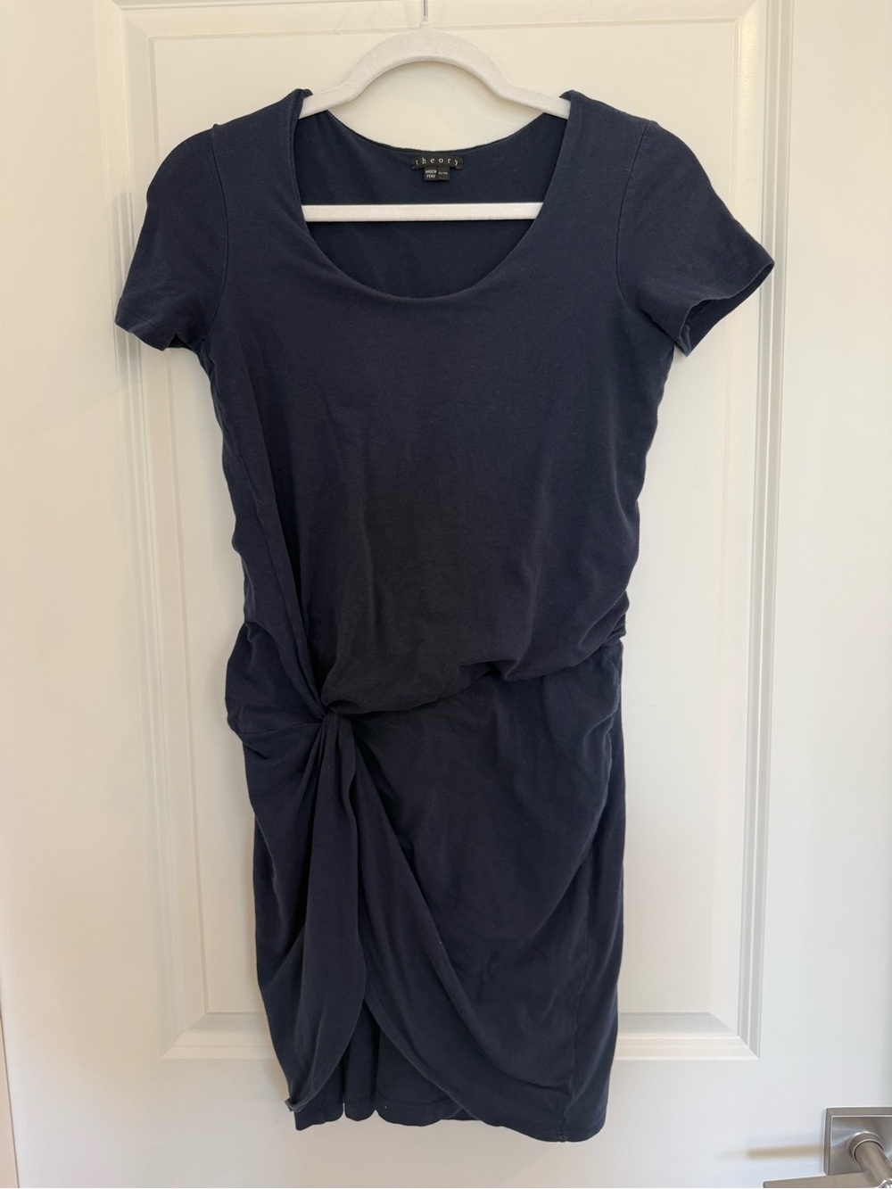 Theory Navy Short Sleeve Jersey Dress with Waist Twist